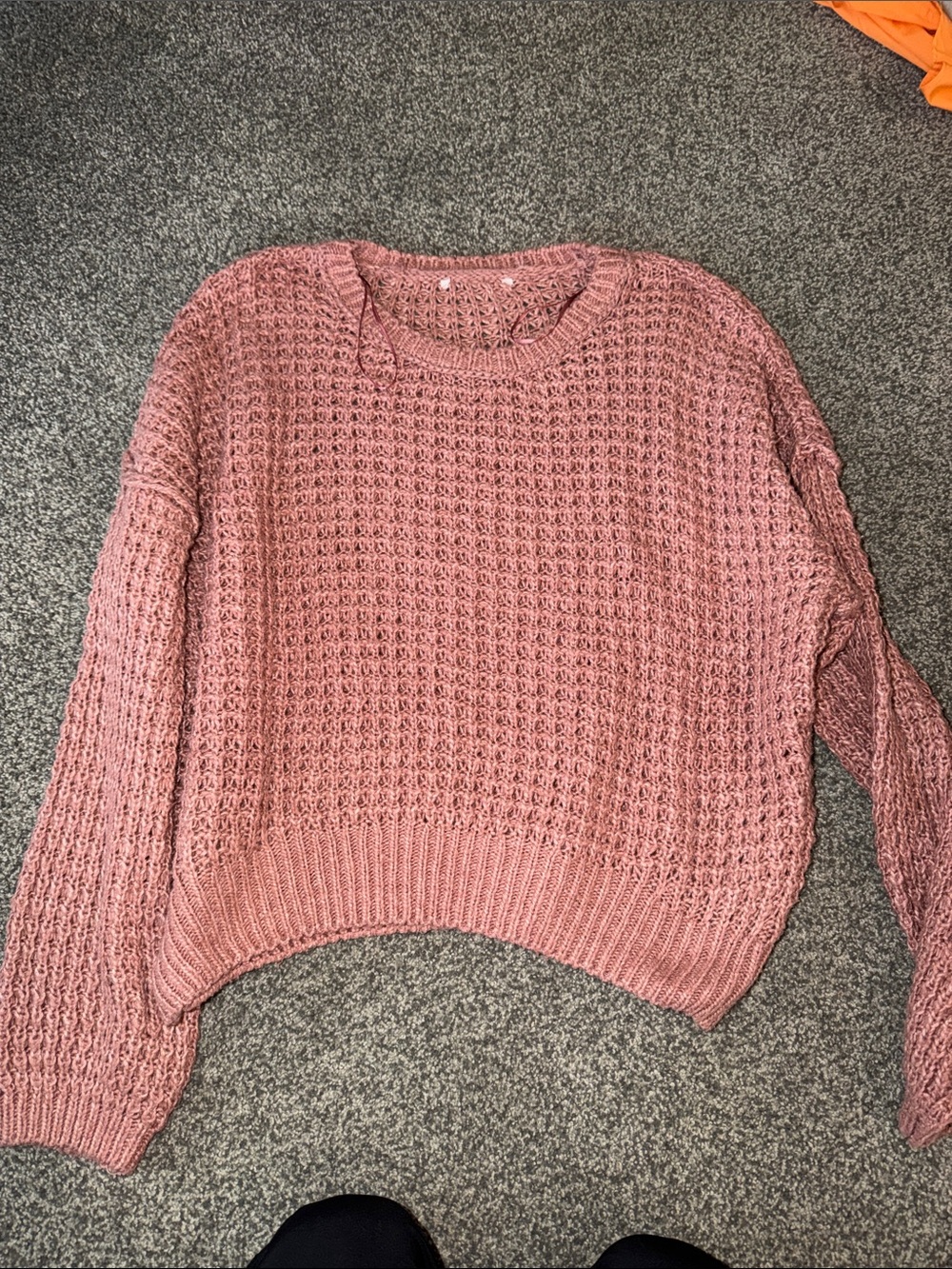 Women's Rose-Pink Open Weave Crewneck Sweater